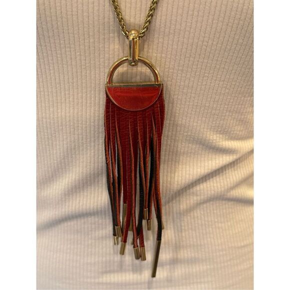 Anthropologie Gold with Leather Tassel Statement Necklace - Picture 7 of 7